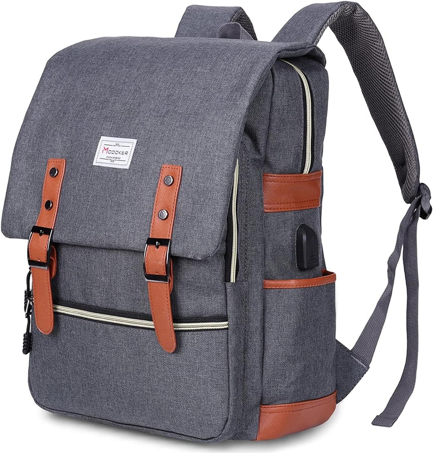Modoker Vintage Laptop Backpack with USB Port for Men or Women Gray NEW In Box