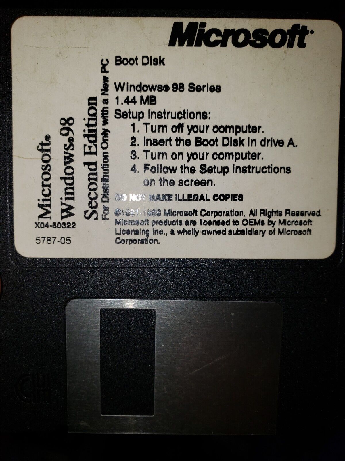 Microsoft Windows 98 Series Boot Disk Vintage X03-80322 1.44MB Second Edition
