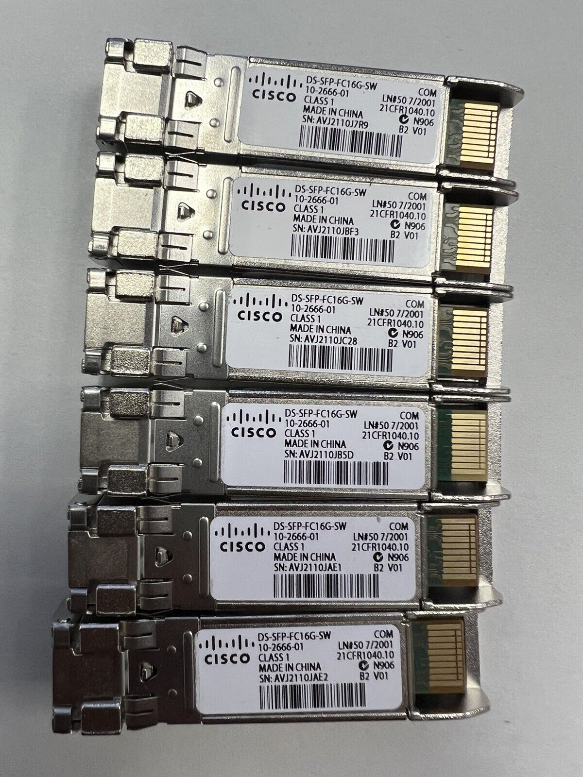Lot of 6 Used Cisco DS-SFP-FC16G-SW 10-2666-01 850nm 16G SFP Transceiver Module
