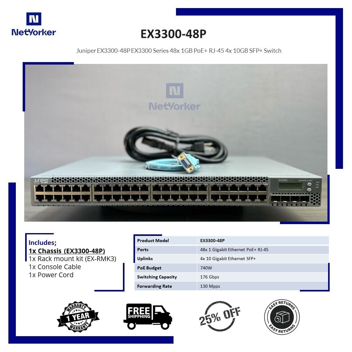 Juniper EX3300-48P 48 Port PoE+ Gigabit Switch - Same Day Shipping