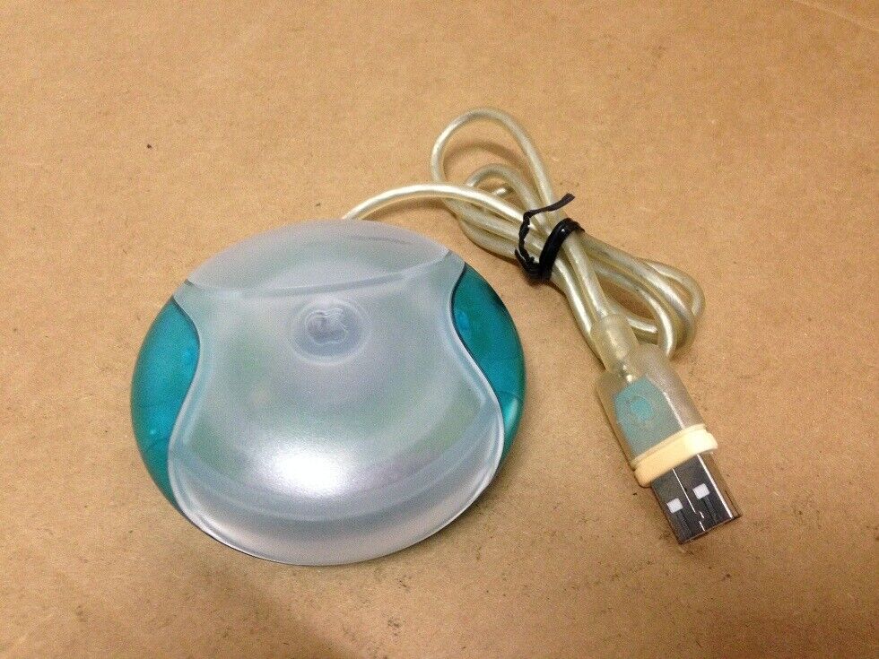 Vintage Apple M4848 Blue/Teal iMac Hockey Puck USB Wired Mouse