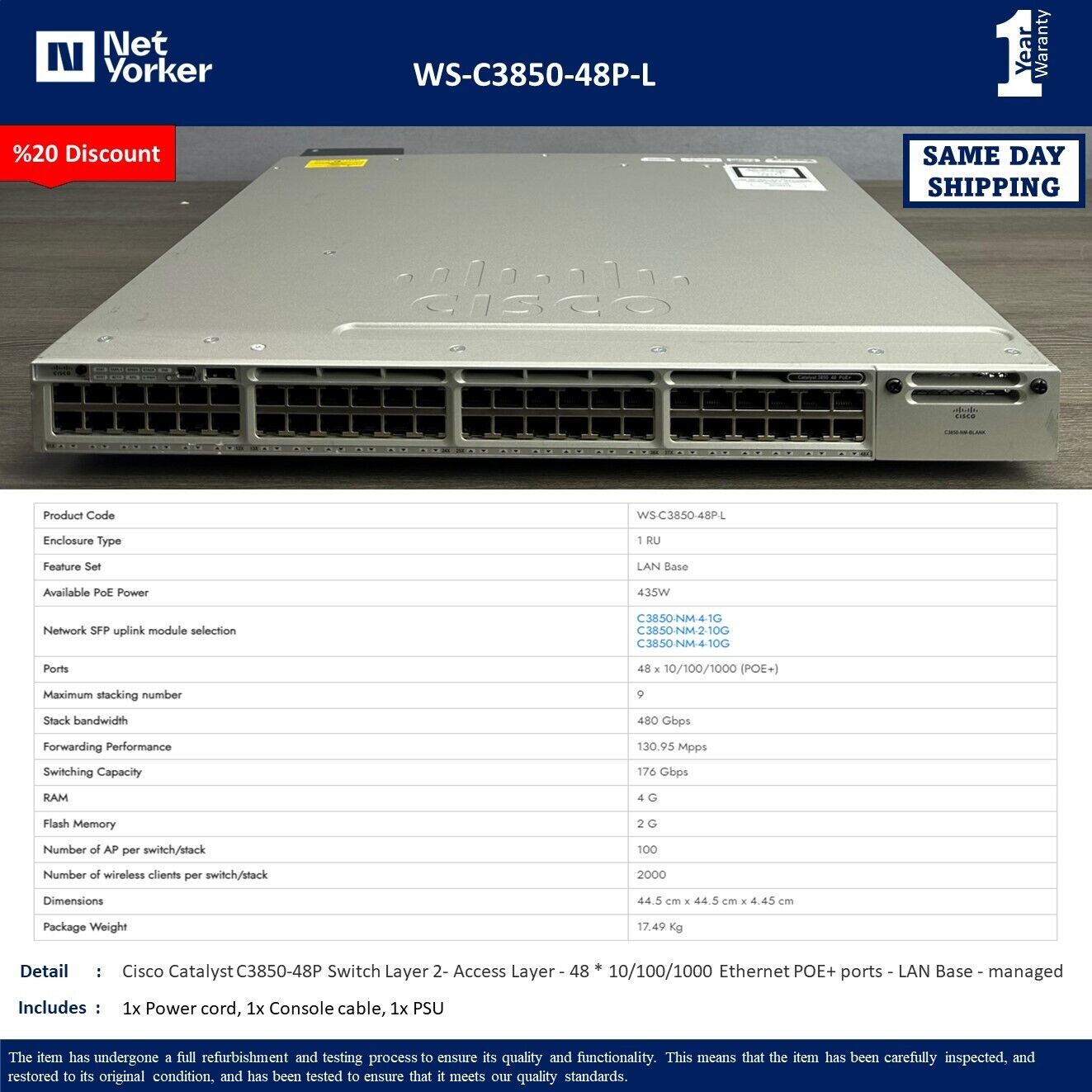 Cisco WS-C3850-48P-L 48 Port Gigabit PoE+ Switch / - Same day shipping