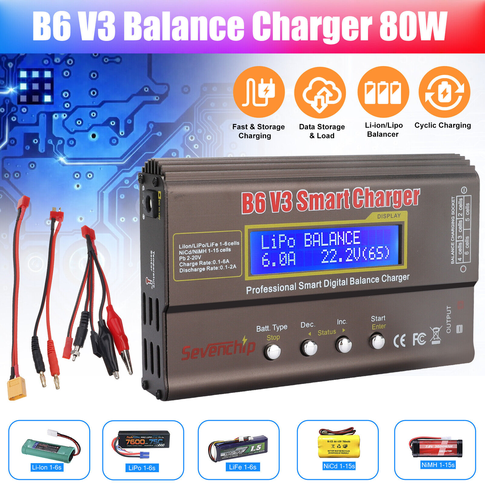 B6 V3 Smart Lipo Battery Balance Charger 80W 6A Discharger for RC NiMH/NiCd LiHV