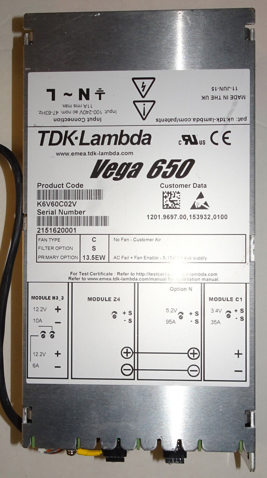 Lambda Vega 650 K6V60C02V USED Power Supply 