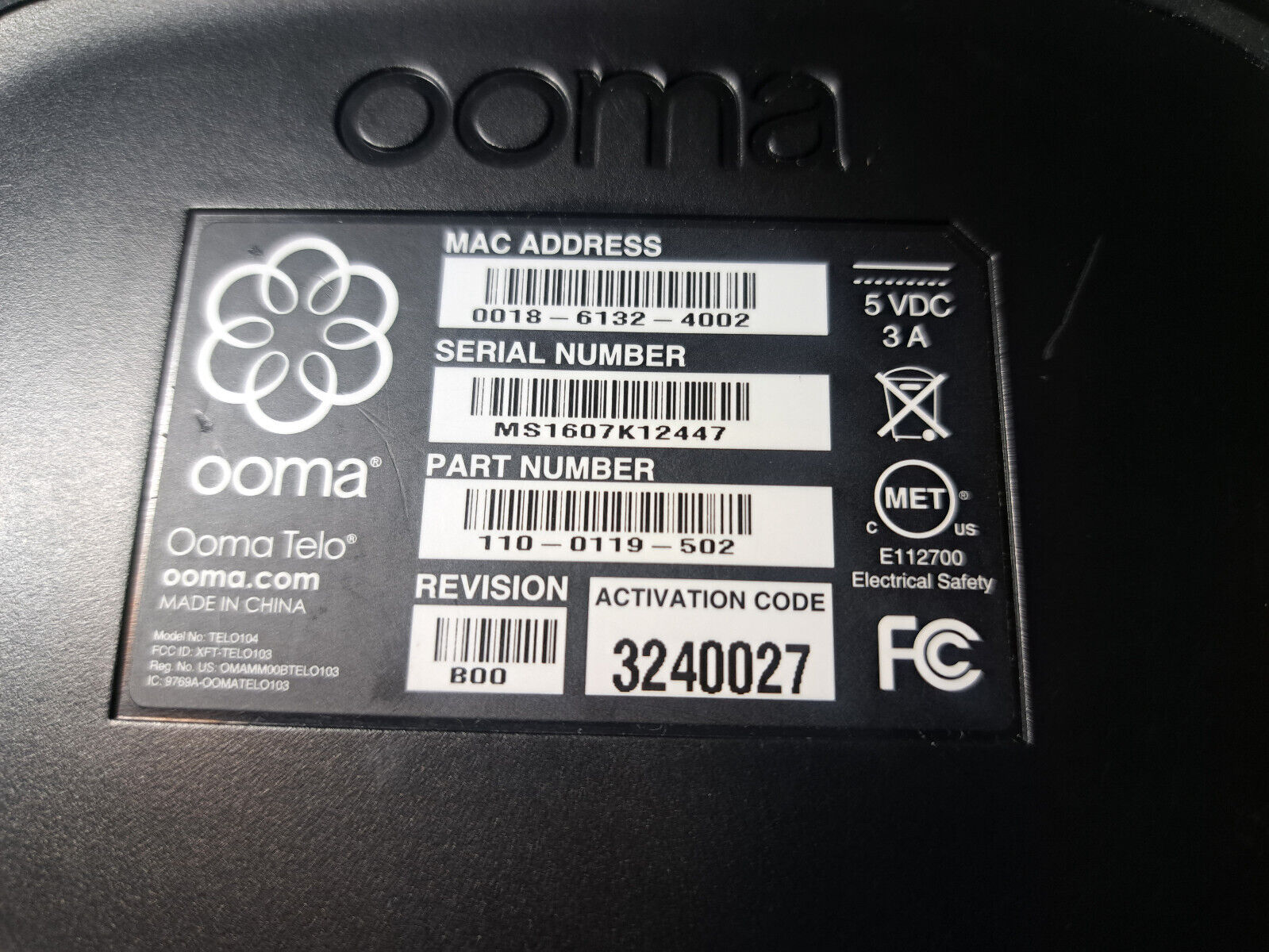 OOMA VOIP Telephone Base Unit with Power Adapter
