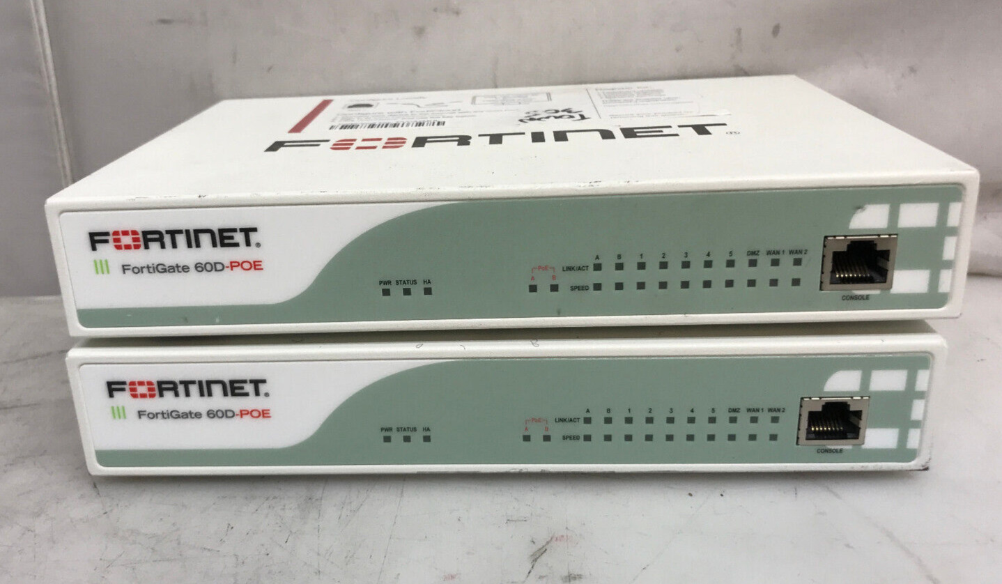 Lot of 2 Fortinet FortiGate FG-60D-POE Firewall w/ adapter