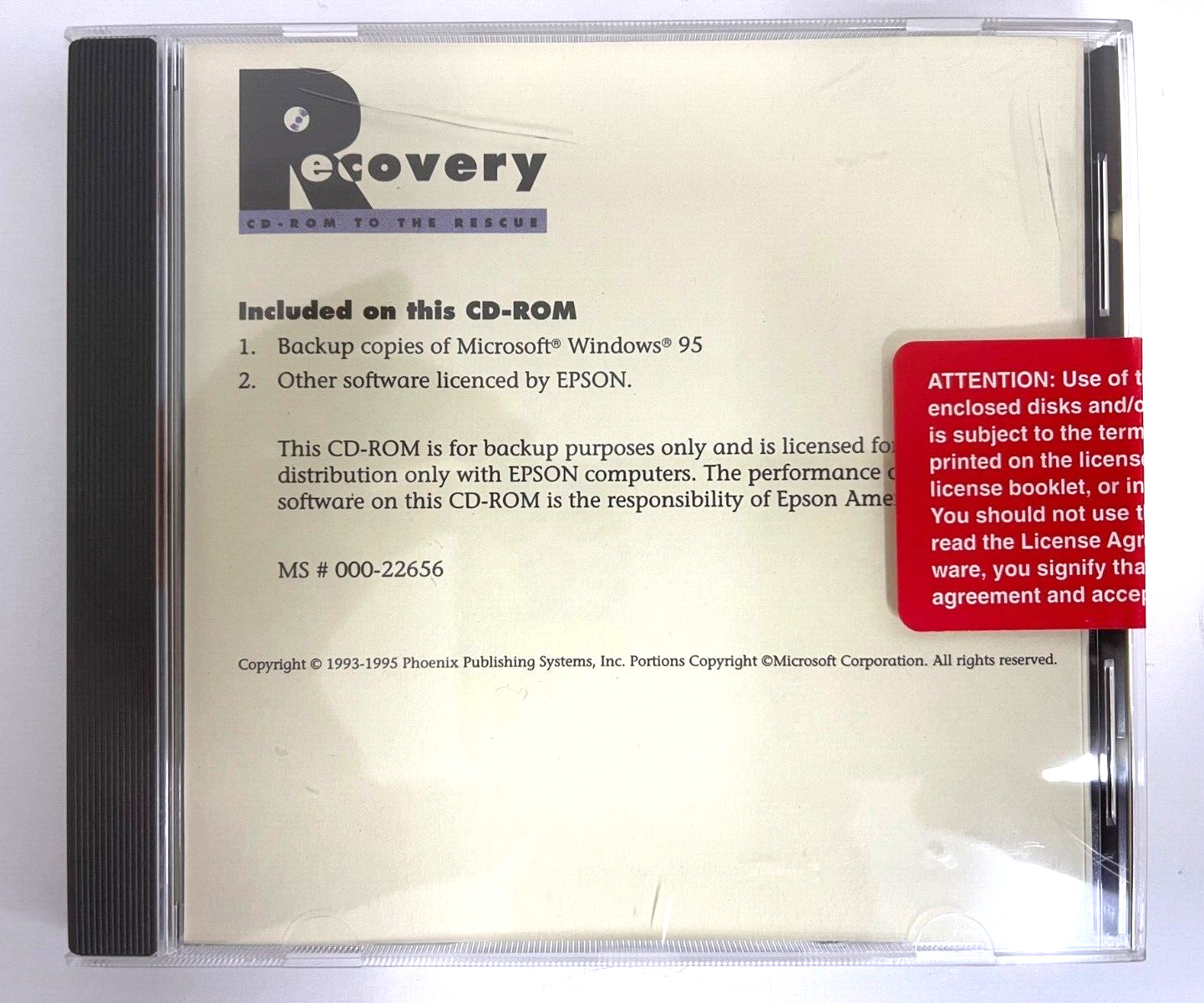 VINTAGE NEW SEALED EPSON WINDOWS 95 RECOVERY CD - NO KEY INCLUDED RM00-MSBX21