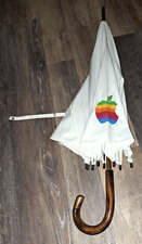 Vintage = Early 1980s White Canvas APPLE Rainbow Logo Umbrella  w/ wooden handle picture