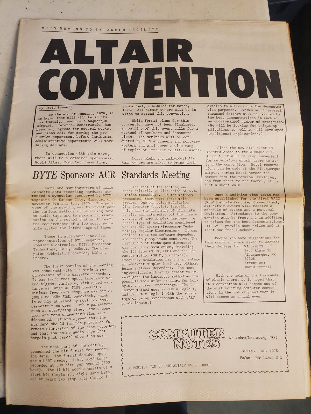 MITS Altair Computer Notes Magazine Nov./Dec. 1975 Volume 1 Issue 6 ORIGINAL VTG