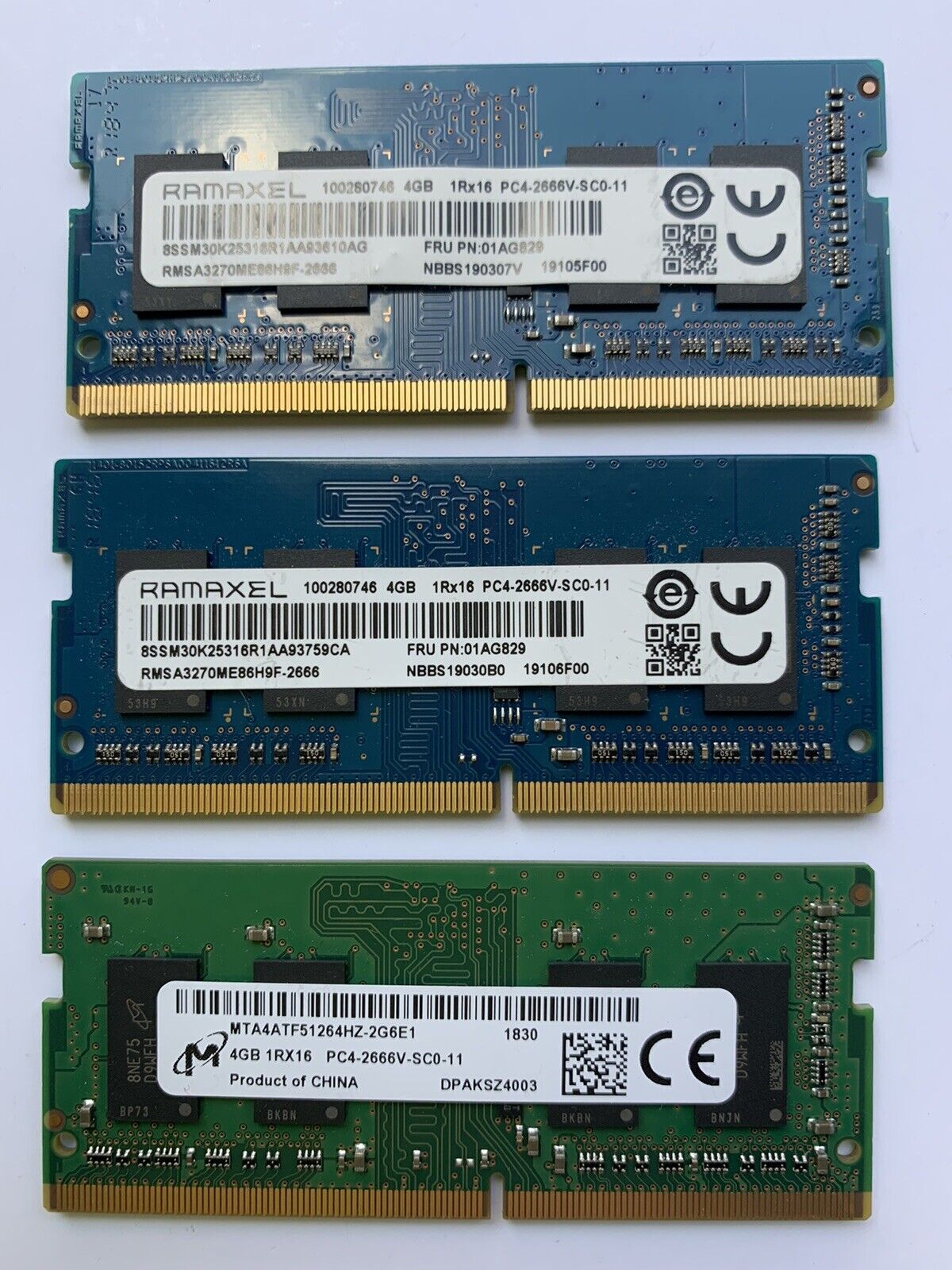 Lot of 3 modules x 4GB Micron/Ramaxel PC4-2666V 1Rx16 Laptop Memory SODIMM Ram
