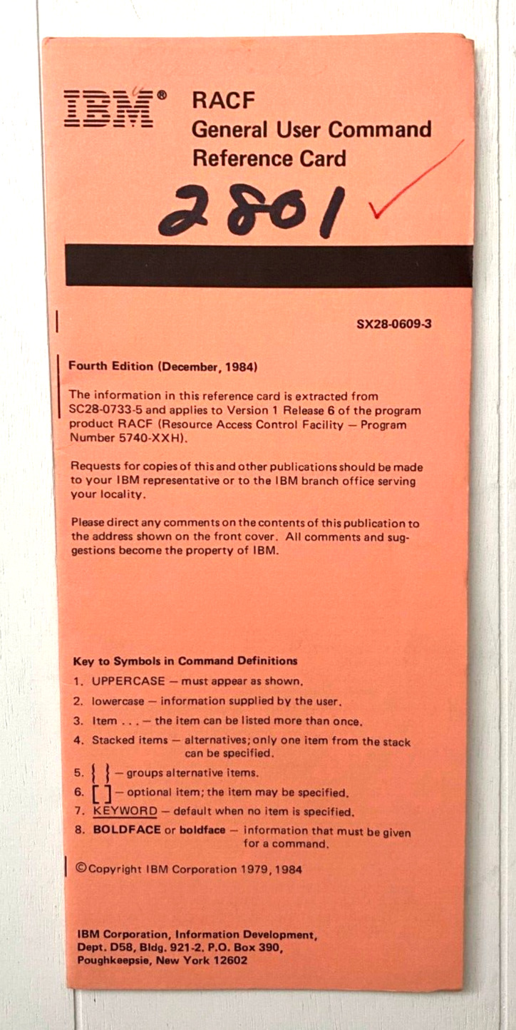 IBM RACF MVS General User Command Reference Card 1984 Vintage Mainframe