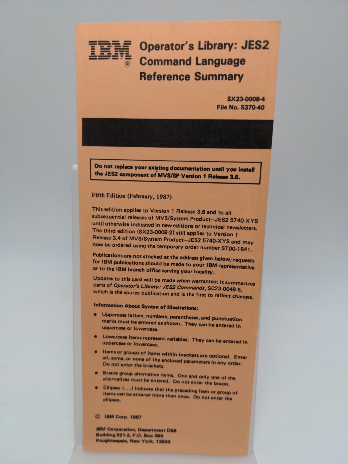 IBM JES2 MVS Command Language Reference Card 1987 Vintage Mainframe