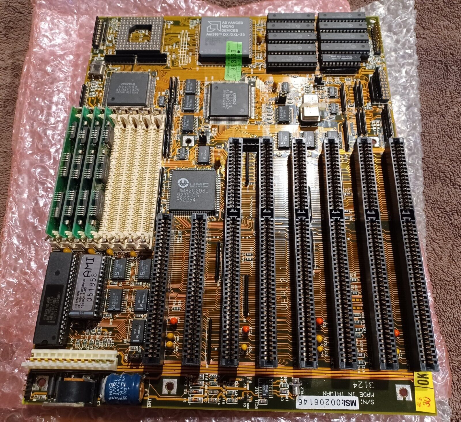 386 motherboard with AMF 386DX-33 CPU + 4MB Ram, Vintage, New Old Stock