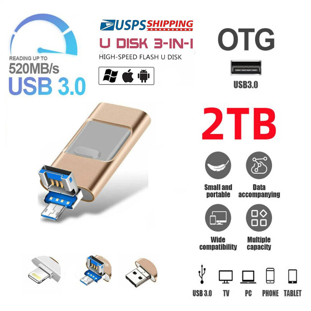 2TB USB 3.0 Flash Drive Memory Photo Stick for iPhone Android iPad Type C 3 IN1
