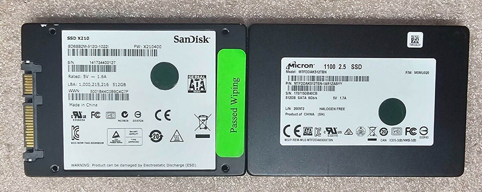 MIXED LOT OF 2 512GB SATA SSD Solid State Drive