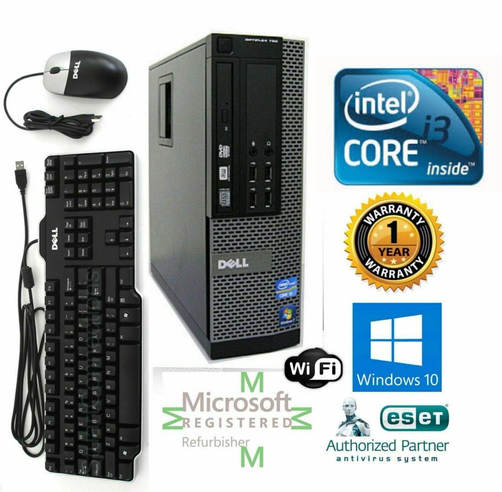 Dell  Desktop Computer Intel Core i3 Windows 10 HP 64 500GB HD 8gb Wifi