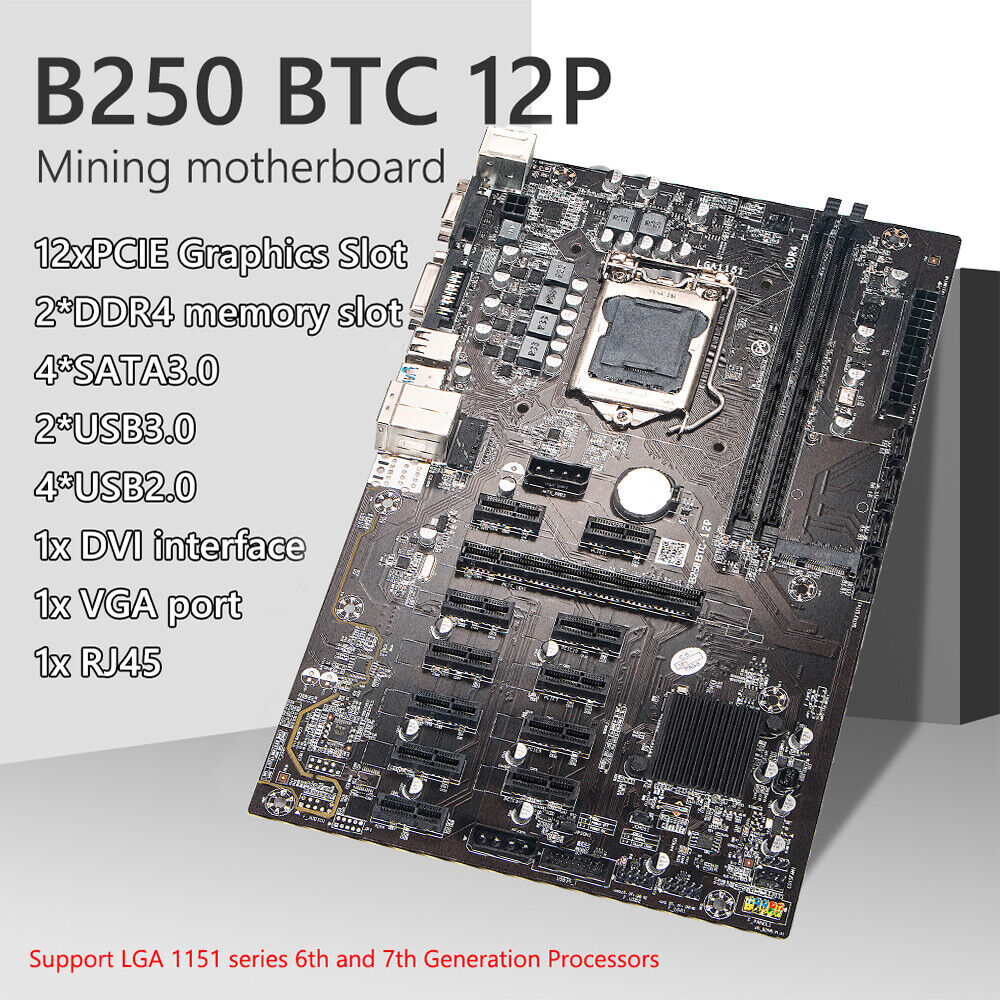 B250 BTC Pro Mining Motherboard 12X PCIE Graphics Card DDR4 DIMM Supports VGA US