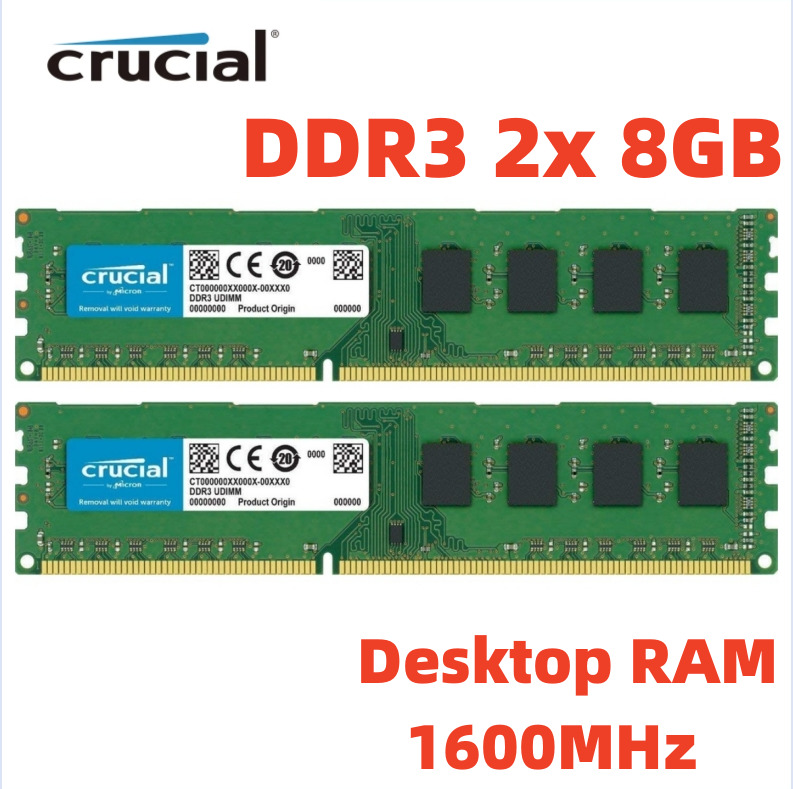 Crucial 16GB (2x 8GB) Kit DDR3 1600MHz PC3-12800 UDIMM Desktop 240-Pin CL11 RAM
