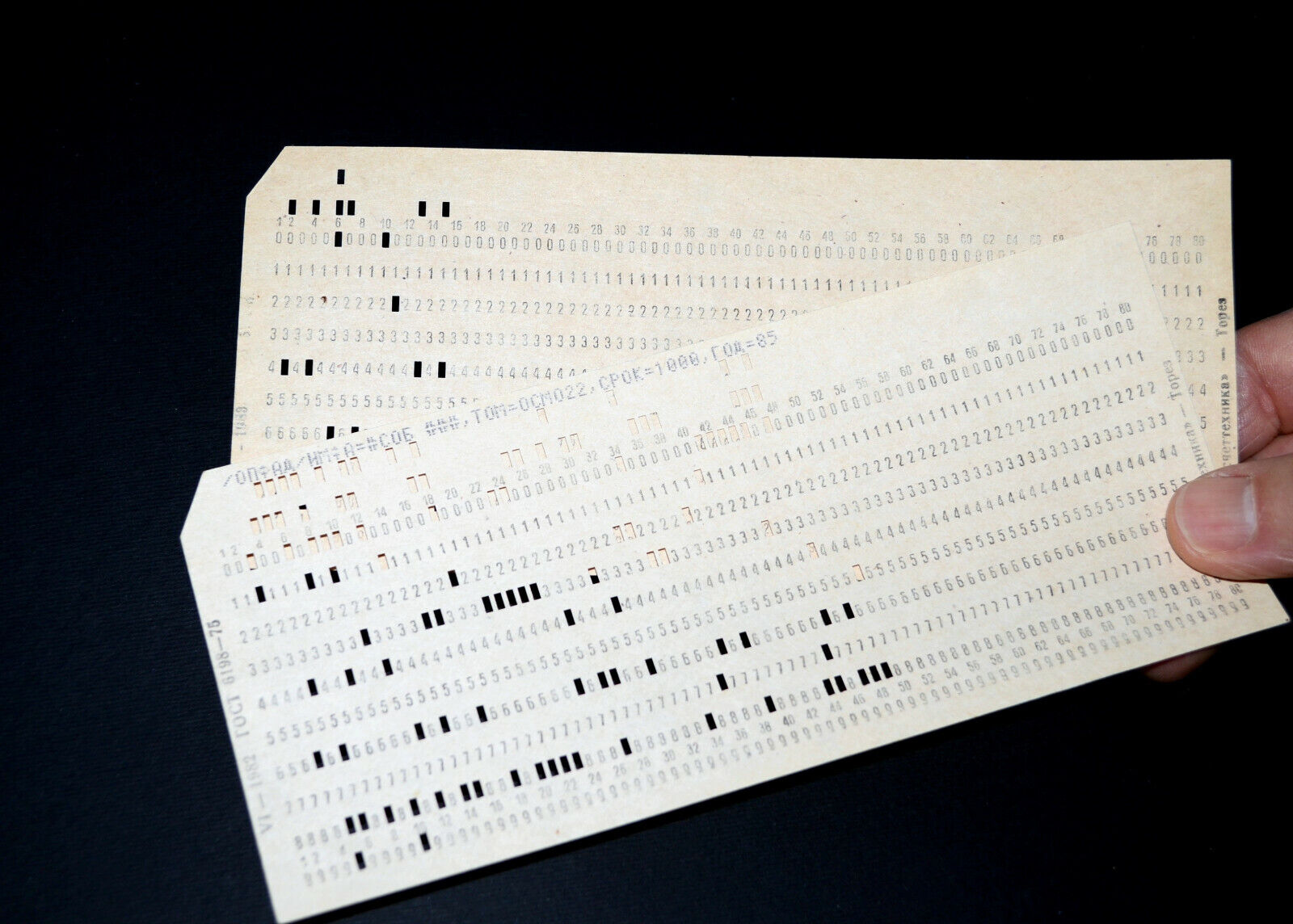 2x VINTAGE MAINFRAME COMPUTER Perforated PUNCH CARDS. IBM 80-column card format