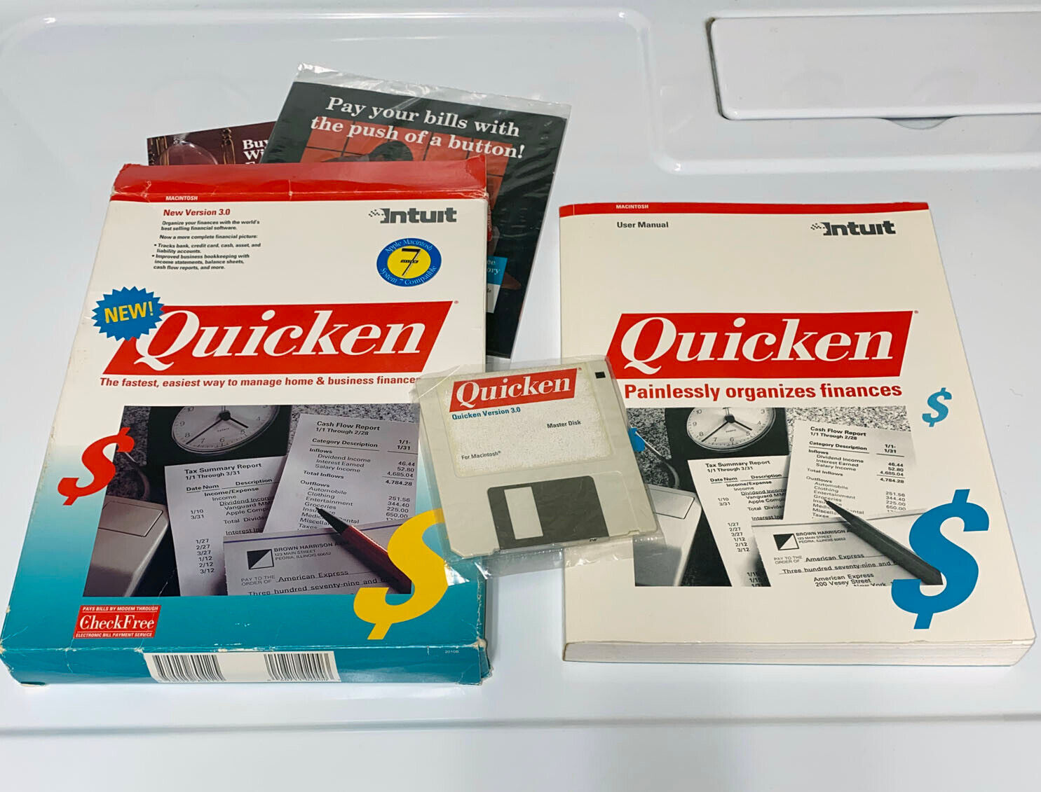 Vintage 1991 Macintosh Intuit Quicken 3.0 home & business finance Disk, Manual +