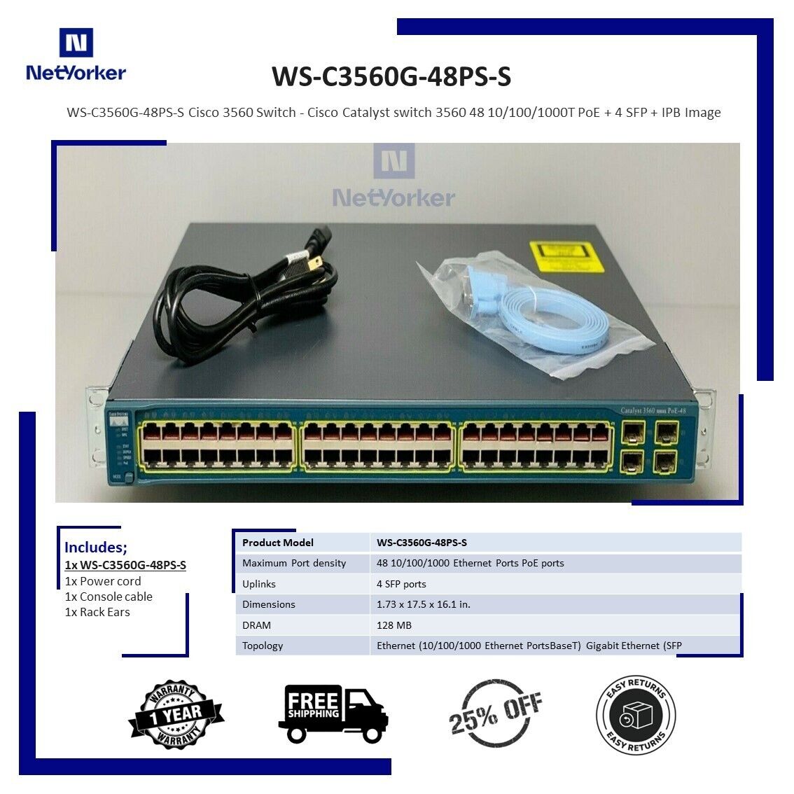 Cisco WS-C3560G-48PS-S 48 Port PoE 3560G Gigabit Switch - Same Day Shipping