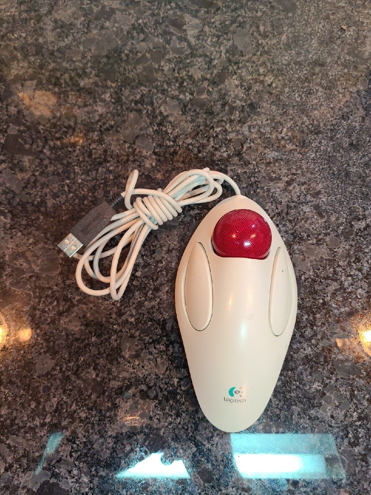 Vintage White Logitech T-BB14 Trackball Marble Mouse USB Wired **FREE SHIPPING**