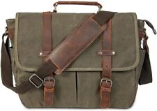 Vintage Genuine Leather Waxed Canvas Briefcase Large Satchel Armygreen  picture