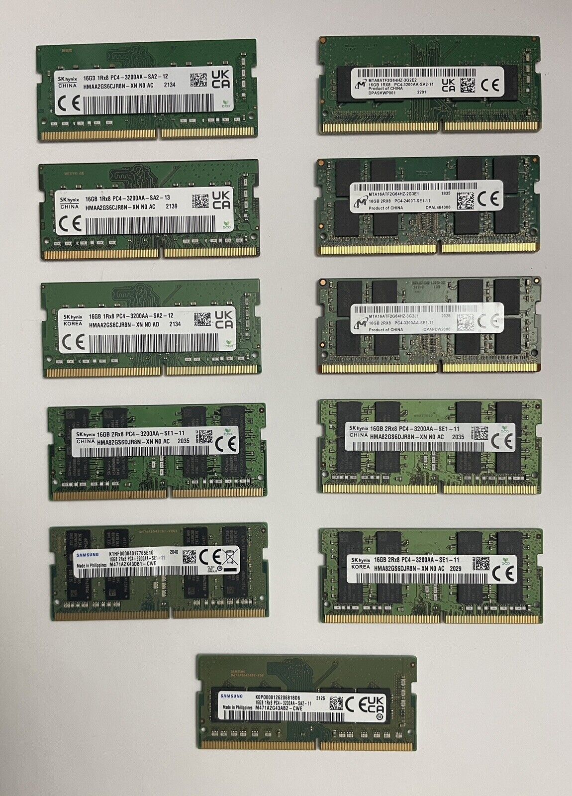16GB 1Rx8 / 2Rx8 PC4 - LAPTOPS MEMORY - Mixed Brands *** LOT OF 11 ***