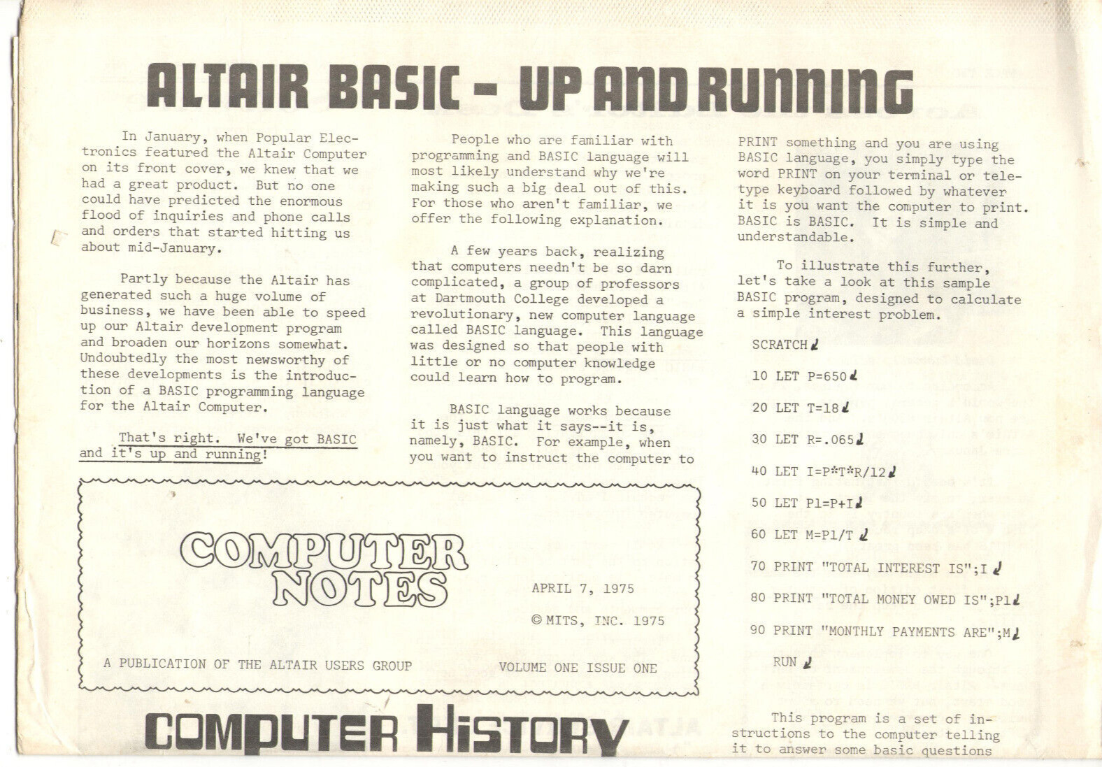 VINTAGE 1975 MITS ALTAIR USERS GROUP COMPUTER NOTES MAGAZINE VOLUME 1, ISSUE 1
