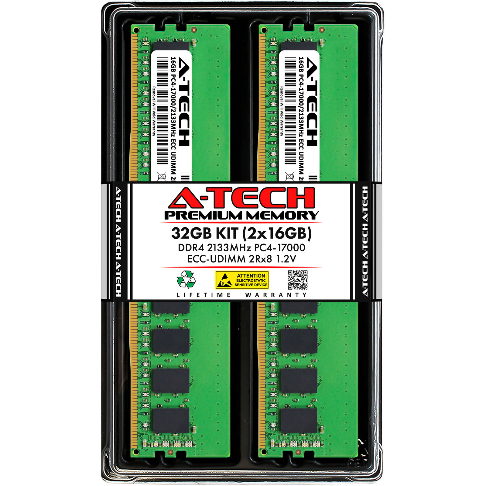 A-Tech 32GB 2x 16GB 2Rx8 PC4-17000E DDR4 2133 MHz ECC UDIMM Server Memory RAM