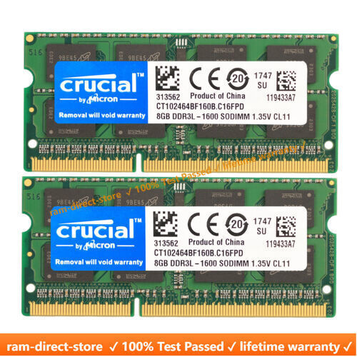 Crucial  DDR3L 16GB 1600 2x 8GB PC3-12800 Laptop SODIMM Memory RAM PC3 16G DDR3