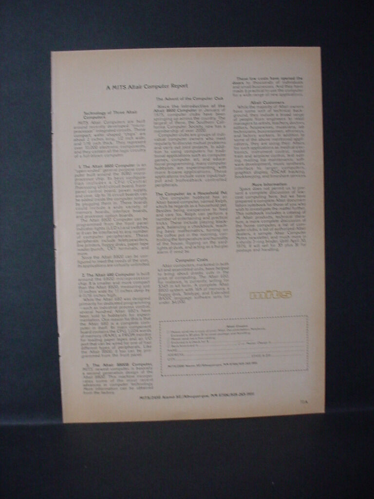 1976 Altair MITS Computer Report Vintage Computing Print Ad 11336