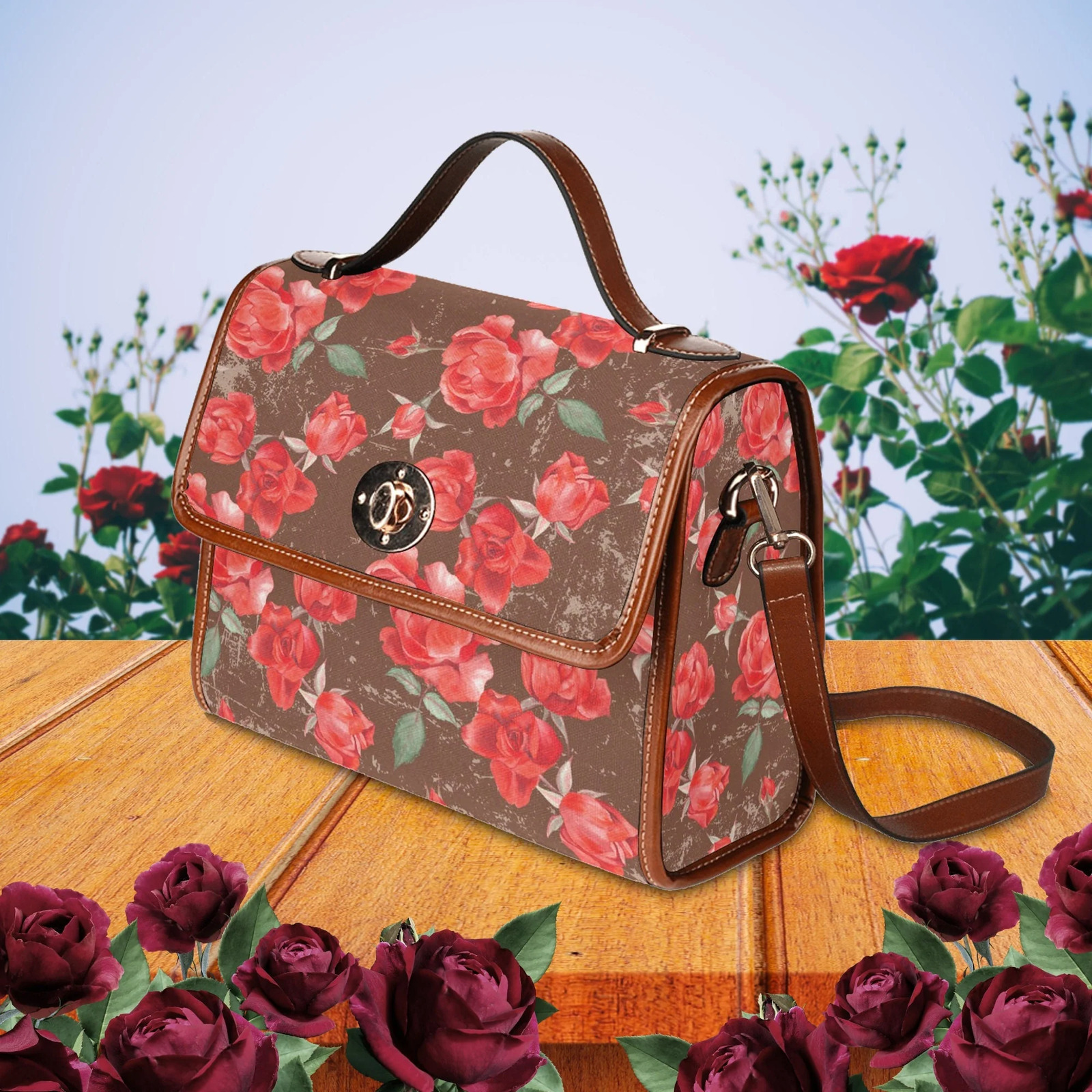 Vintage Red Roses with Decayed Brown Background Waterproof Canvas Handbag, Flora