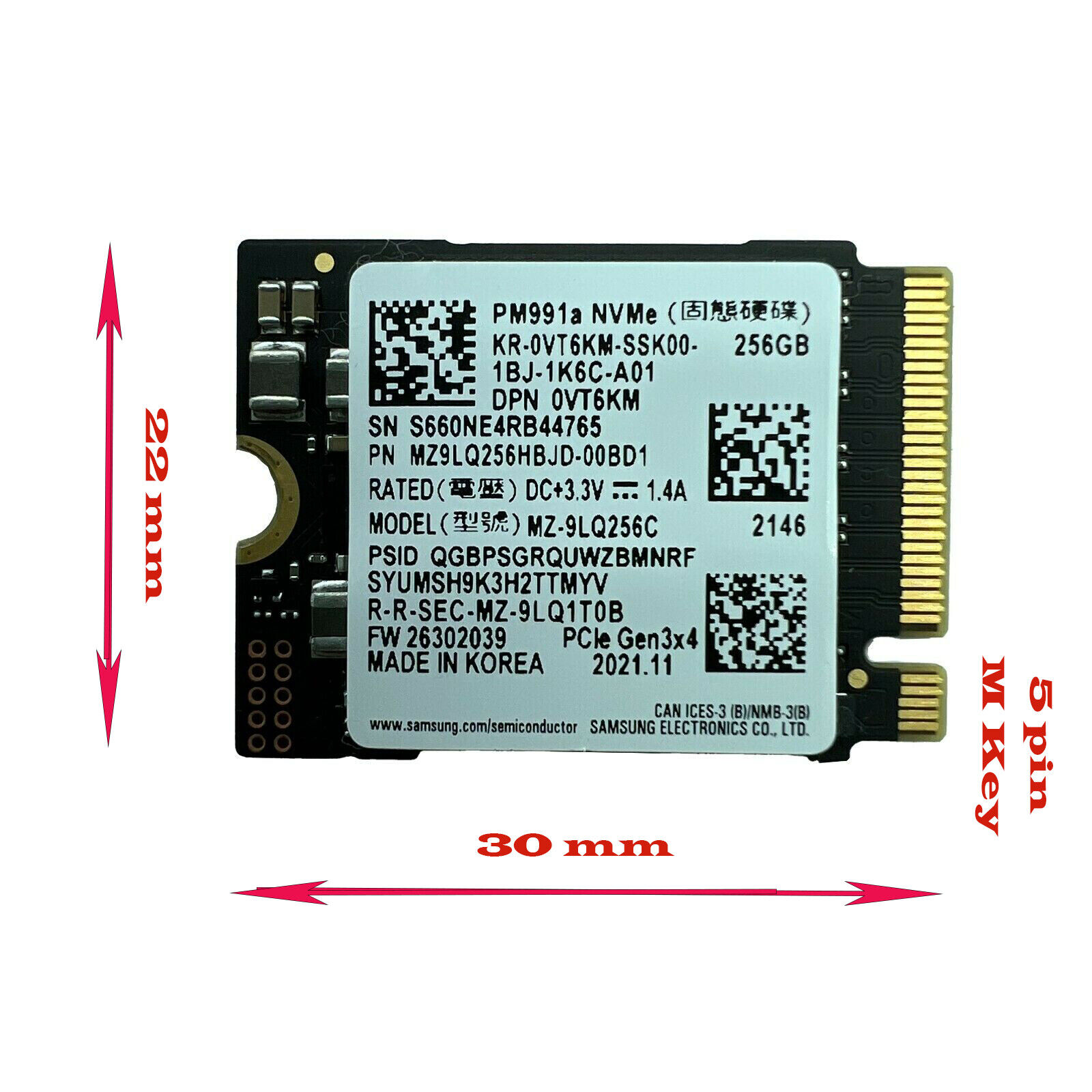 Samsung PM991 256 GB 2230 Internal SSD,  PCIe NVMe M.2 30MM