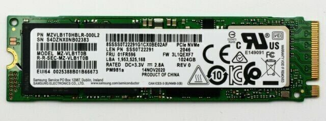Samsung MZ-VLB1T0B PM981a Series 1TB TLC PCI Express 3.0 x4 NVMe M.2 2280 SSD