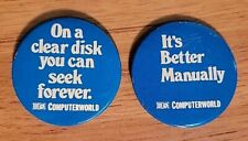 2 Vintage Computerworld Computer Advertising Button Pins 1980s pc computer ibm picture