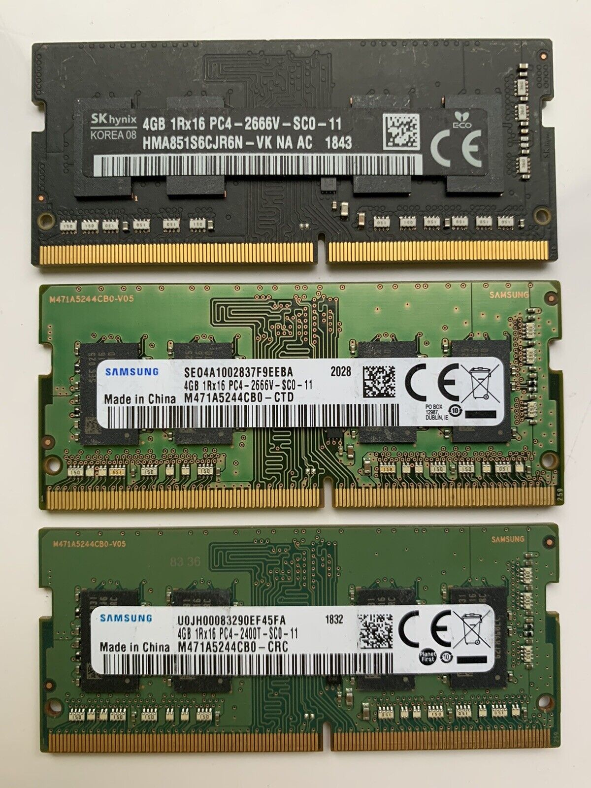 Lot of 3 modules x4GB Samsung/SK hynix PC4-2400/2666 SODIMM 1Rx16 Laptop Memory