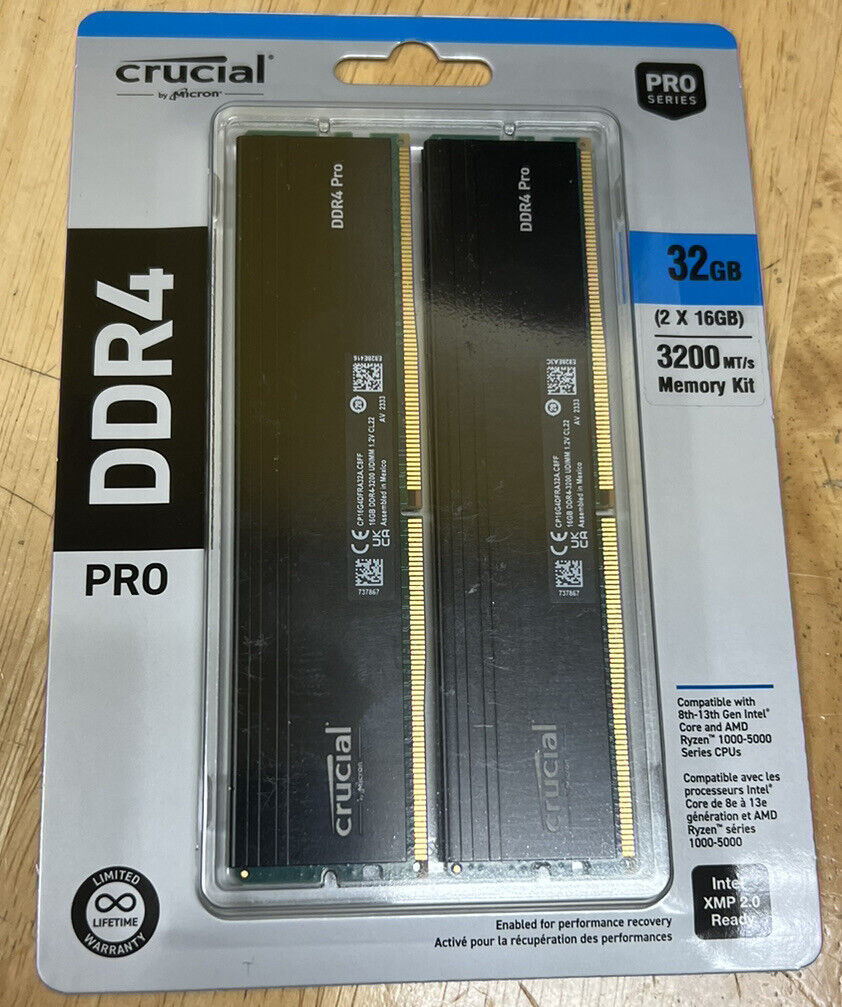Crucial Pro 32GB Kit (2x16GB) 1600 MHz DDR4-3200 UDIMM Desktop Memory - Black
