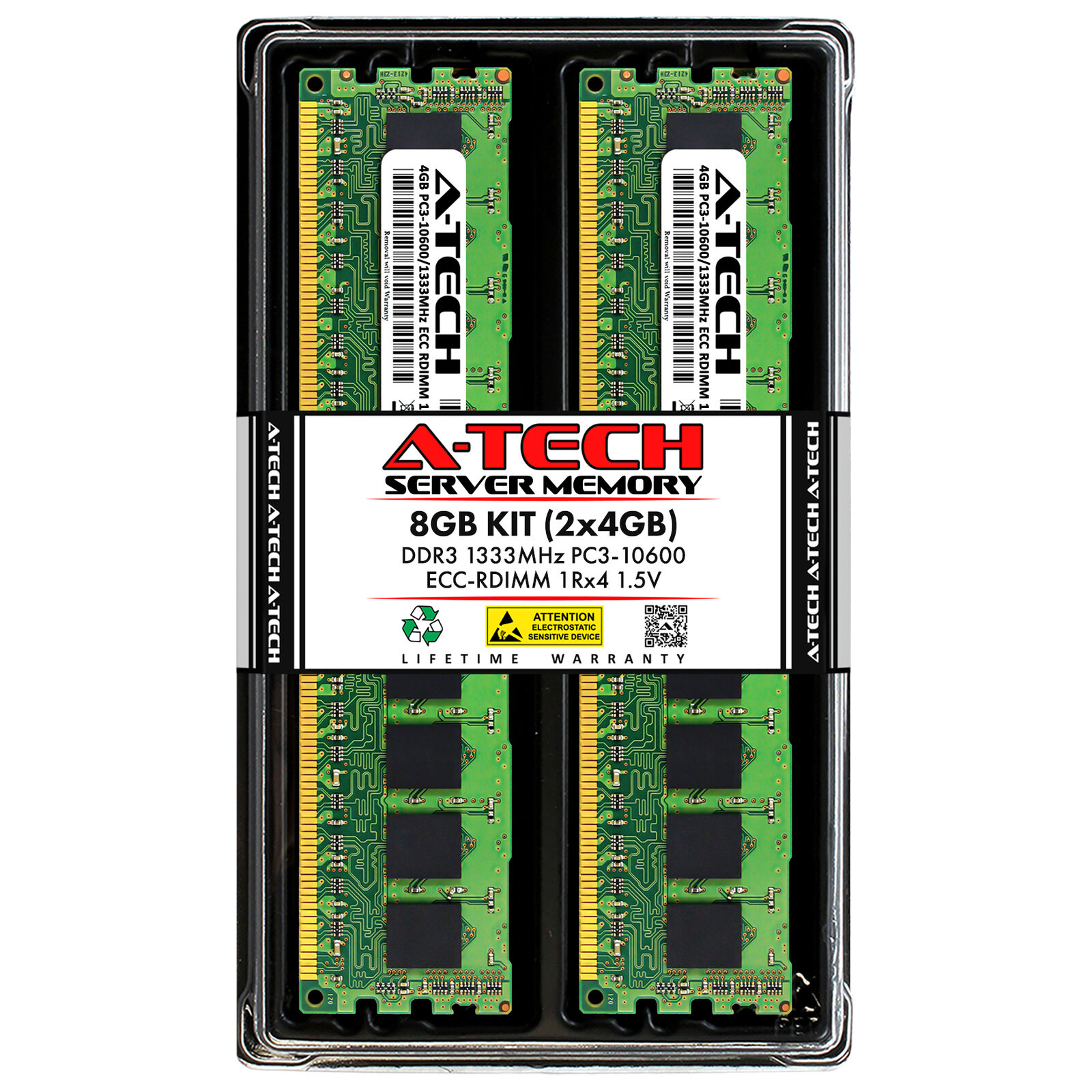 A-Tech 8GB 2x 4GB 1Rx4 PC3-10600R DDR3 1333 MHz ECC RDIMM REG Server Memory RAM
