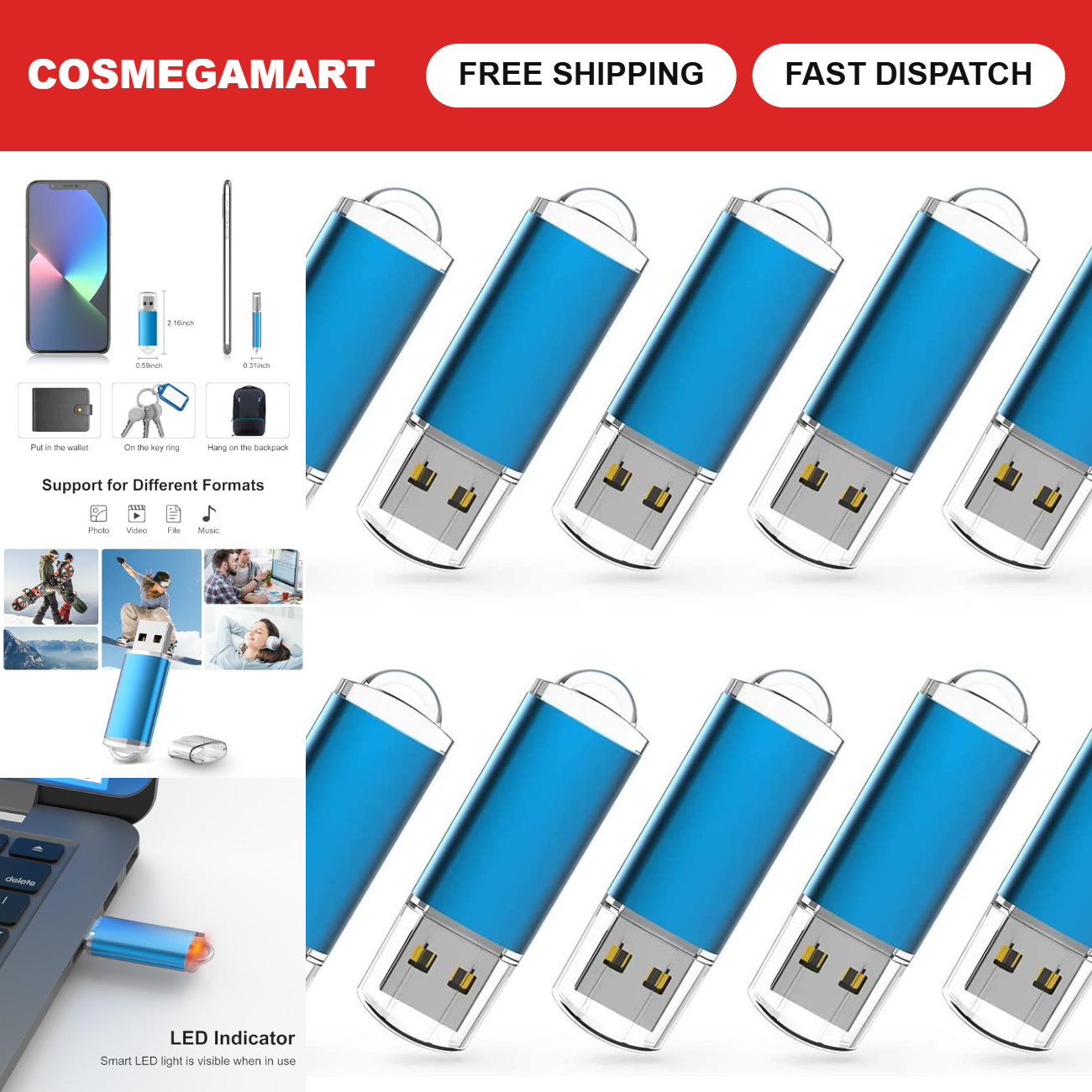 32GB USB 2.0 Flash Drive Bulk Pack of 10 - High-Speed Storage, Blue Color