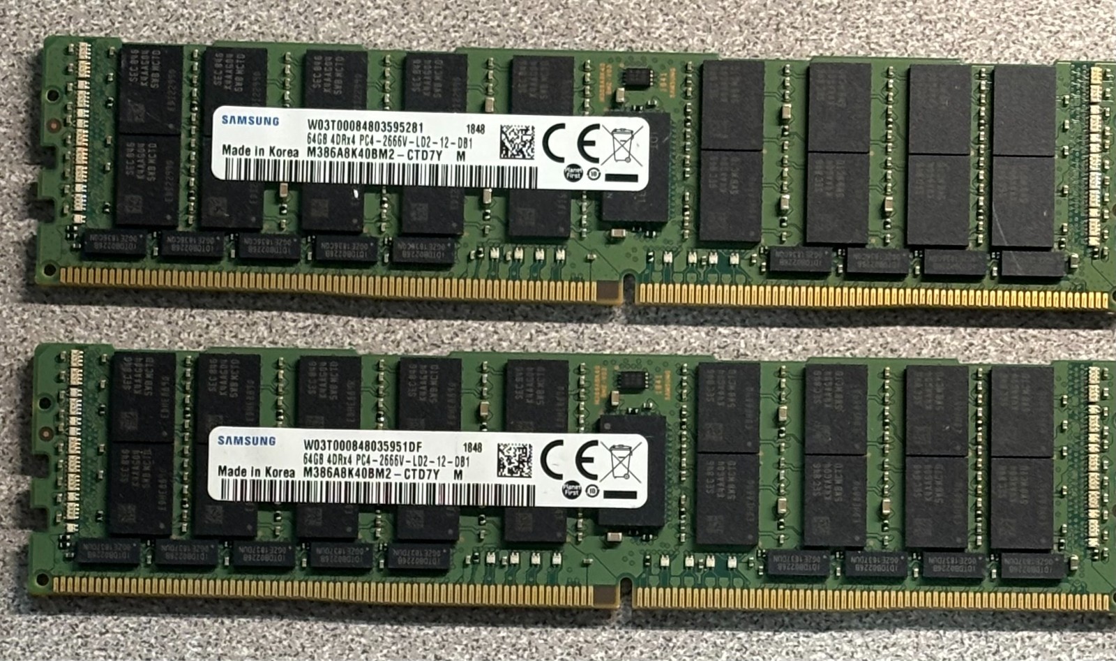 Lot of 2 Samsung 64GB 4DRx4 PC4-2666V - M386A8K40BM2-CTD - 128GB(2x64GB) RAM