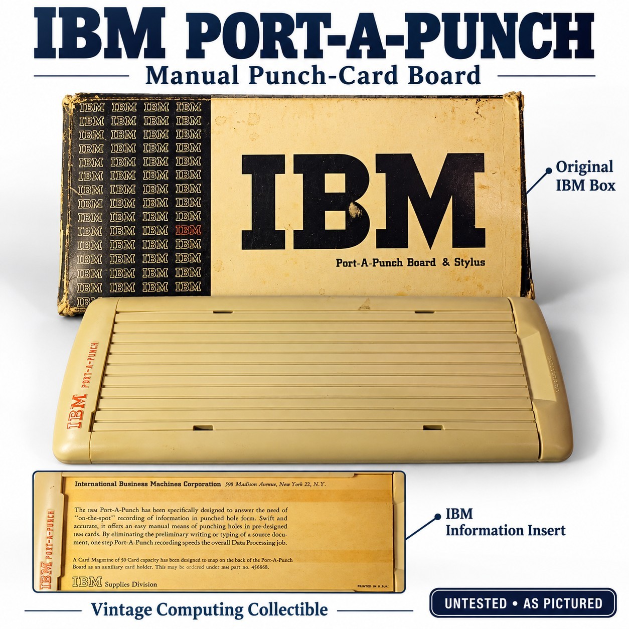 Vintage IBM Port-A-Punch Board Original Box & Information Insert Punch Card Tool