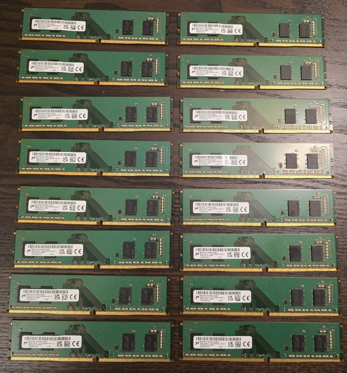 LOT of 16 (128gb) Micron 8GB 288 Pin UDIMM MTA4ATF1G64AZ-3G2E1 DDR4 PC4-3200
