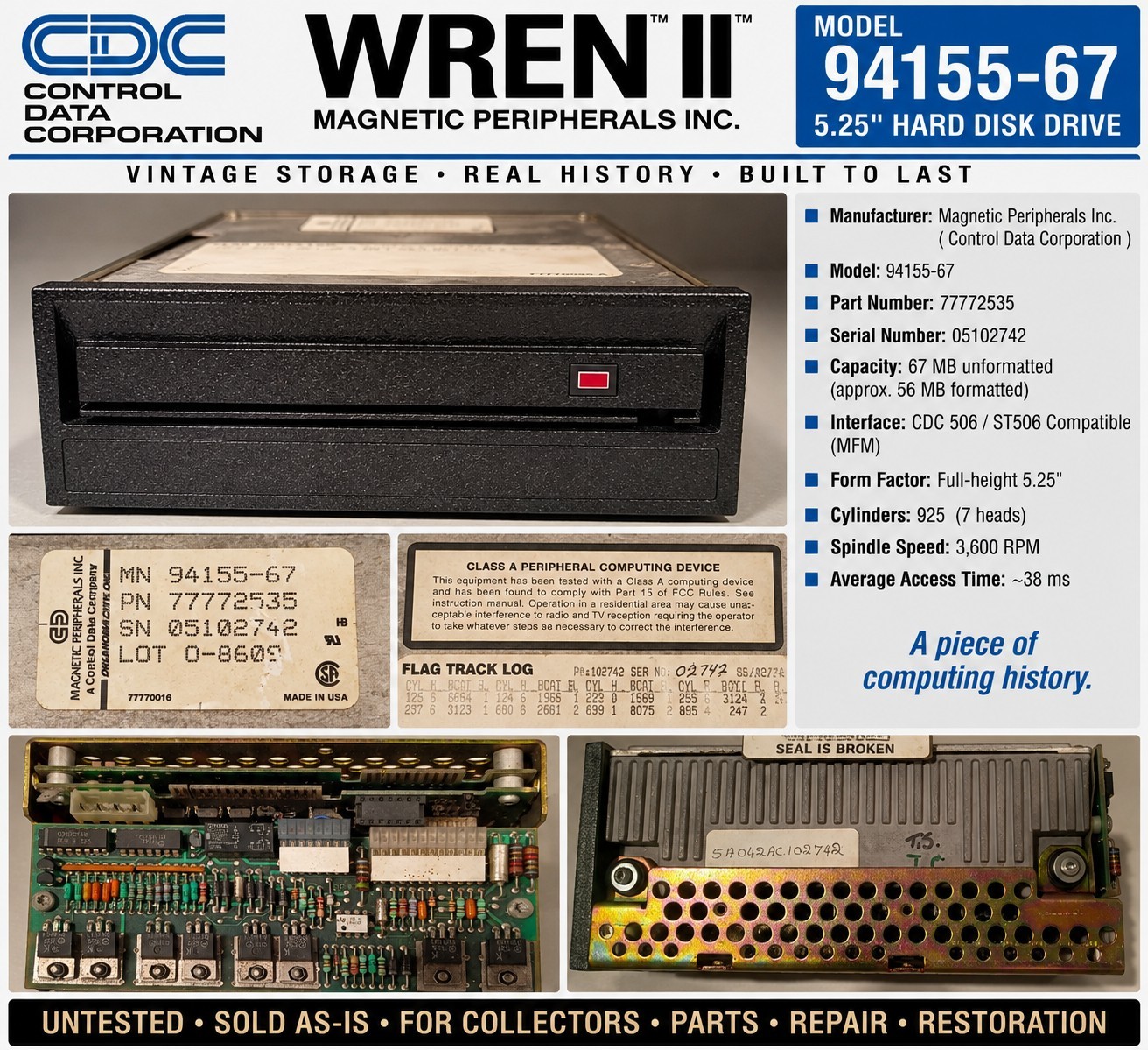 CDC Magnetic Peripherals WREN II 94155-67 5.25\ CDC Magnetic Peripherals WREN II 94155-67 5.25\
