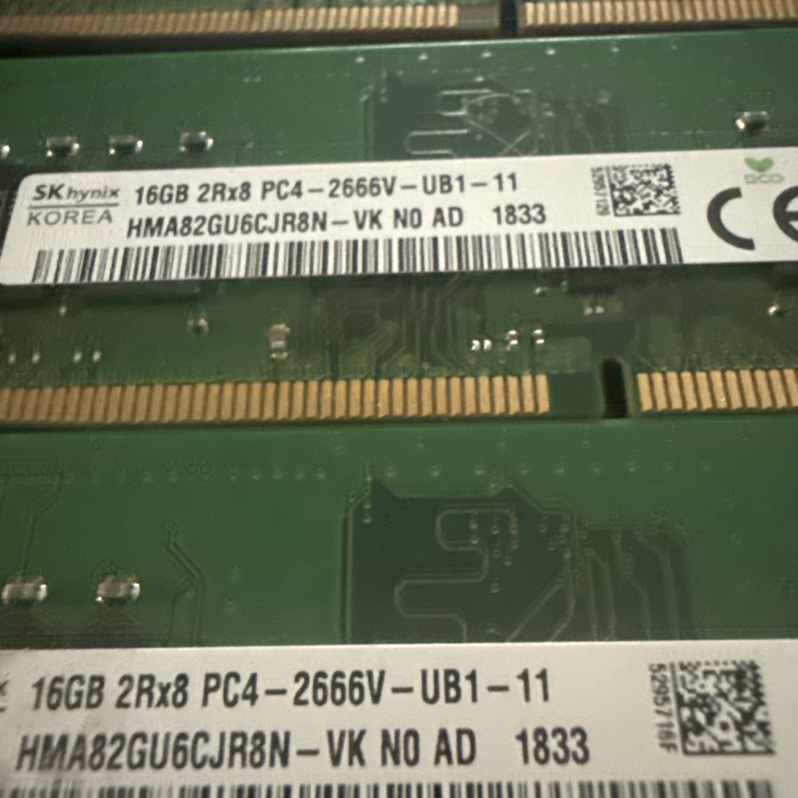 3 SK Hynix 16GB DDR4 2666PC4-21300 2RX8 UDIMM Ram HMA82GU6CJR8N-VK and JJR8N