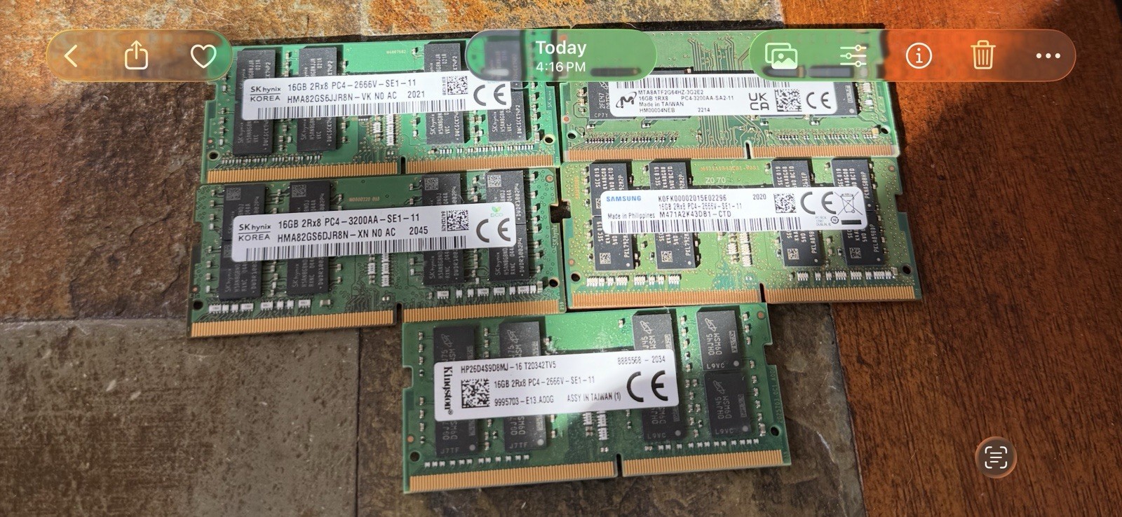 Lot of 5 Mixed Brand 16GB DDR4 Laptop RAM
