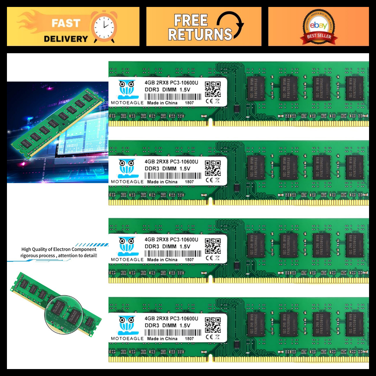 16GB DDR3 RAM Kit (4x4GB) 1333MHz UDIMM, PC3-10600, 240-Pin Desktop Memory