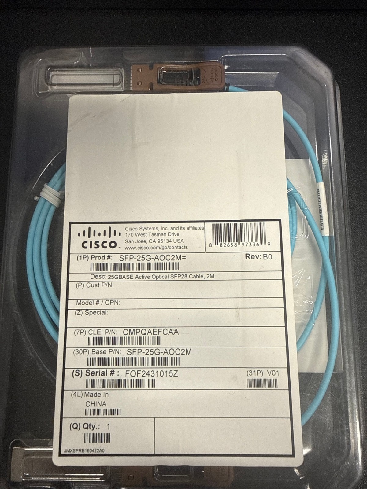 Cisco SFP-25G-AOC2M= 25GBASE Active Optical SFP28 Cable 2M New Sealed