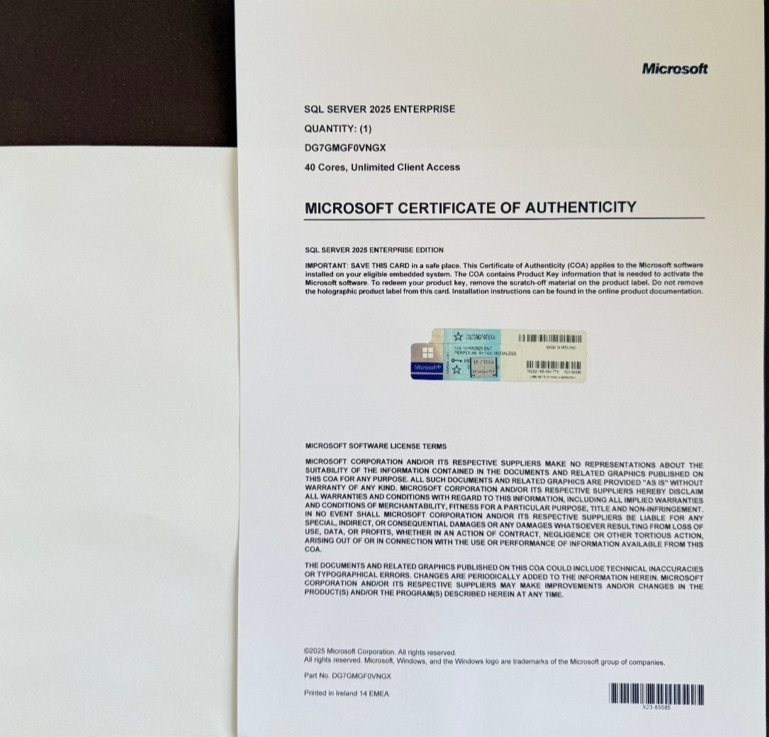 Microsoft SQL Server 2025 ENTERPRISE 40 Core Unlimited User CALs CoA Authentic Microsoft SQL Server 2025 ENTERPRISE 40 Core Unlimited User CALs CoA Authentic