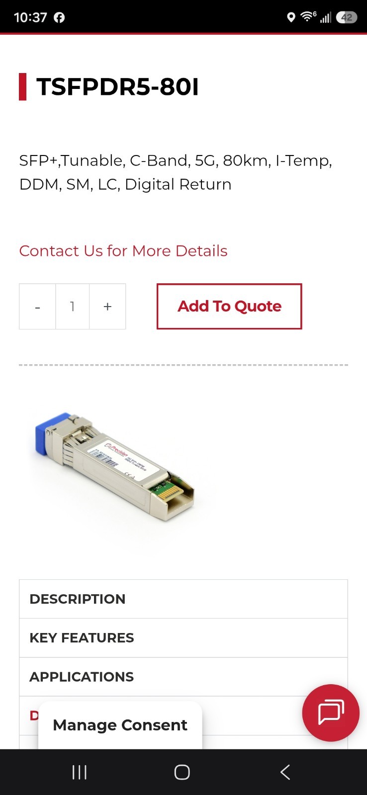 Precision TSFPDA10G-80I-X 10G SFP+ ZR DWDM Tunable 80km SMF/LC Transceiver